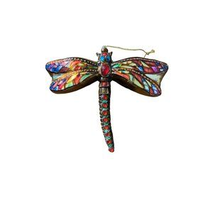 Hand Blown 5x6” Glass Dragonfly Ornament Jewels & Stained Glass Look Coppery